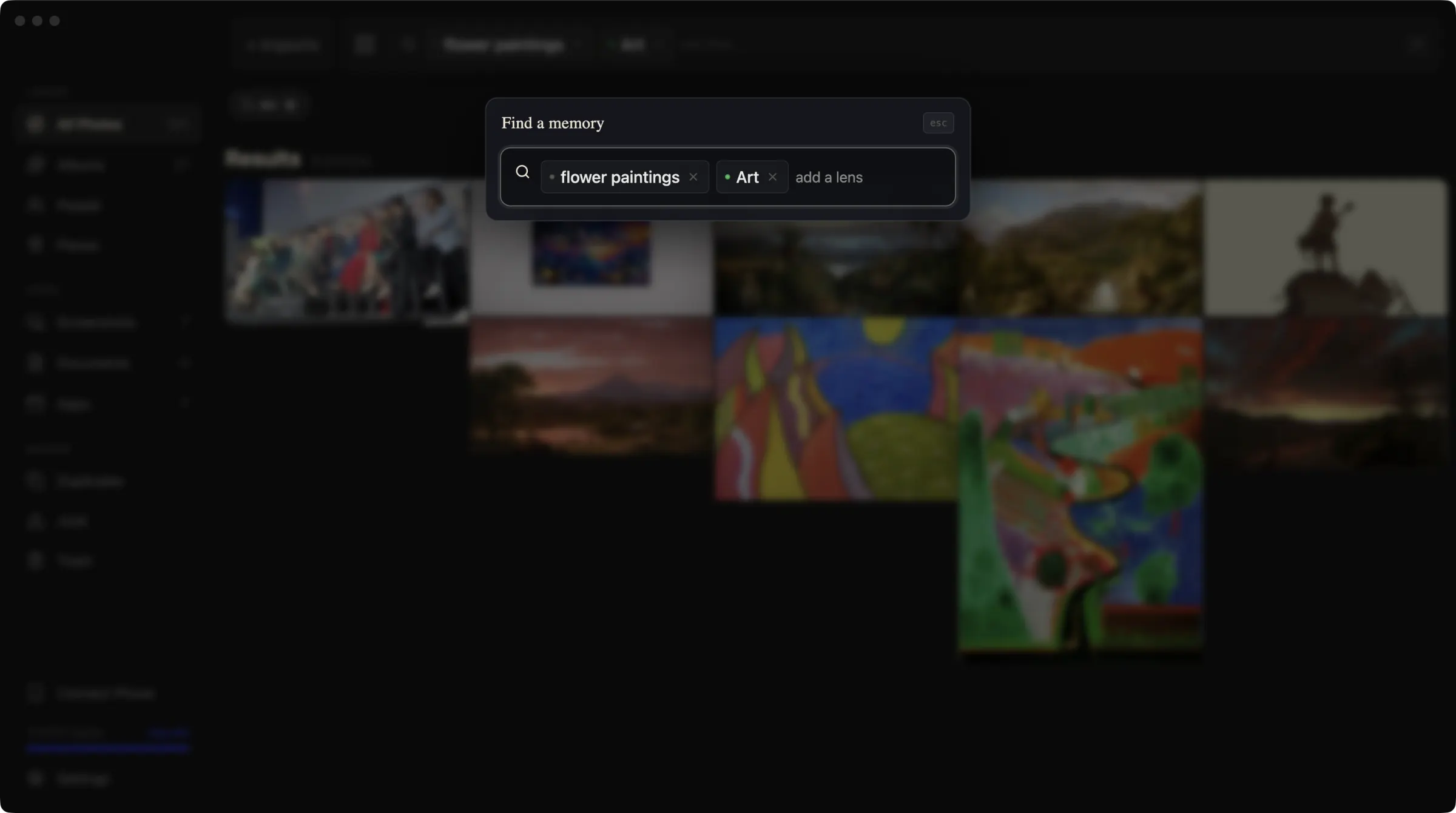 Binky's search palette. A query for flower paintings with an Art filter, over a wall of matching photos.