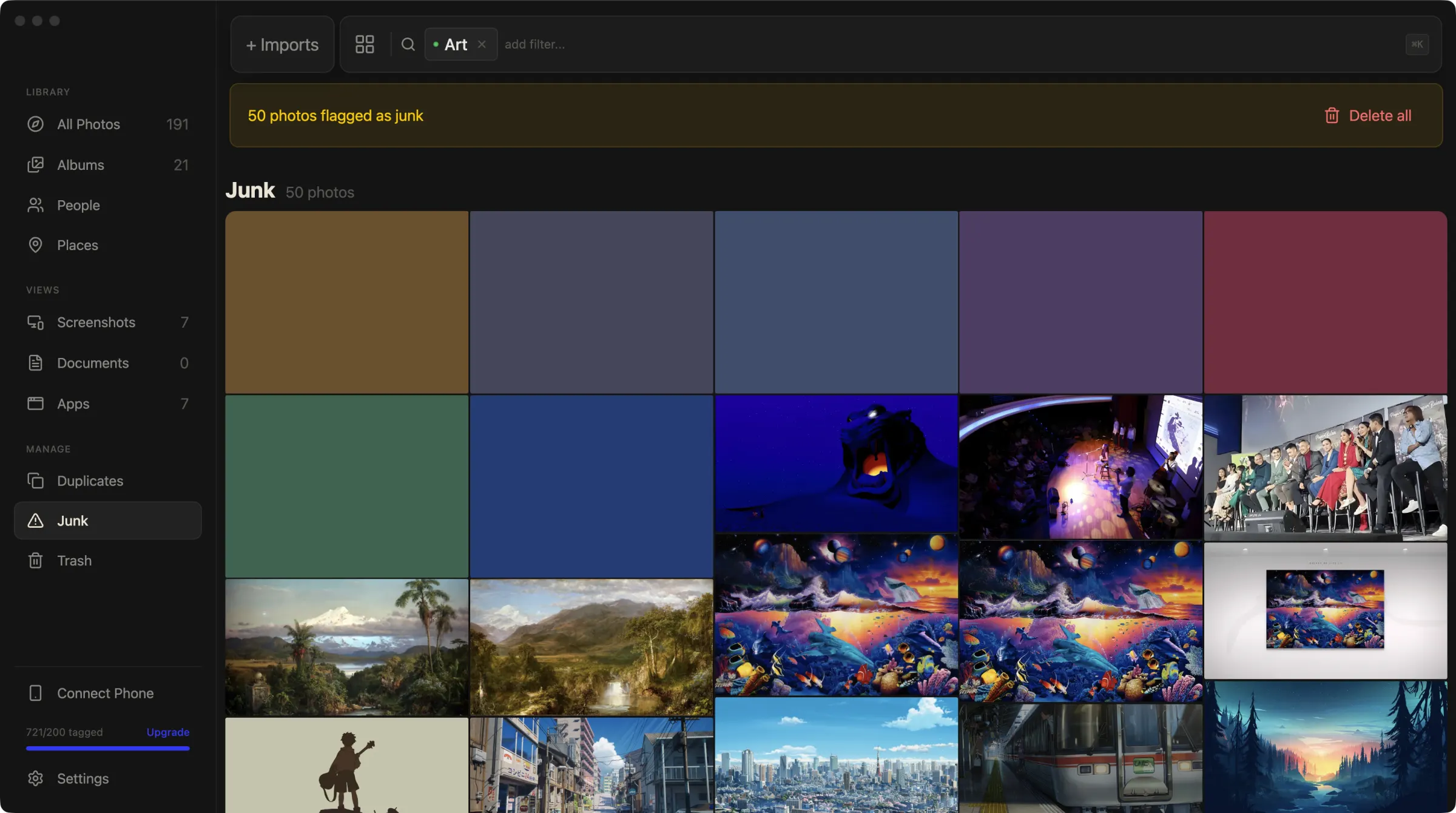 Binky's junk view. A banner reads 50 photos flagged as junk, with a delete all button.